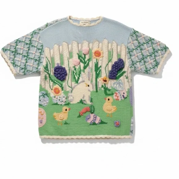 Vintage Crochet Storytelling Spring Bunny Chicks Cardigan Size L Eagle Eye 1995 - Picture 2 of 16